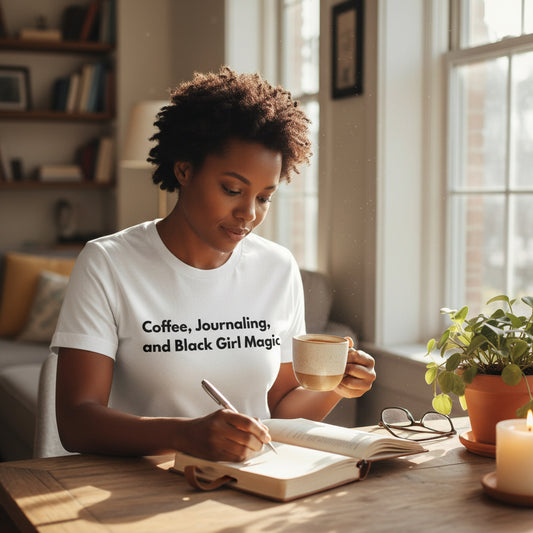 Coffee, Journaling, and Black Girl Magic Unisex Heavy Cotton Tee